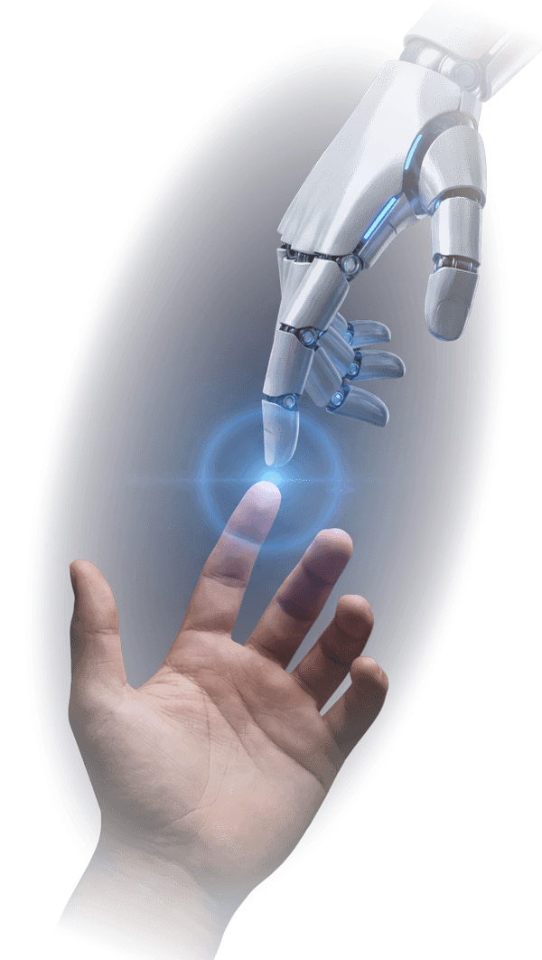 Human and AI connection — a human hand and a robot hand reaching toward each other